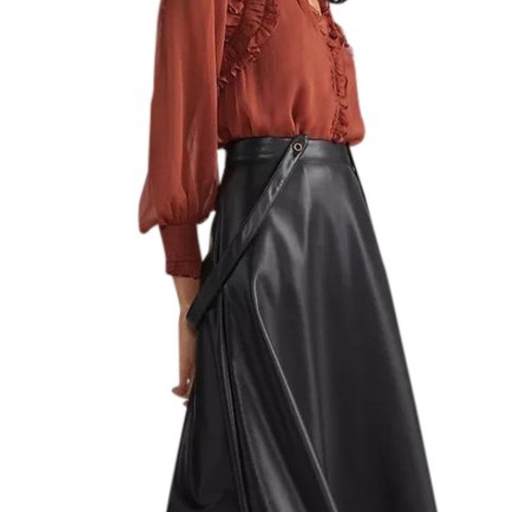 ANTHROPOLOGIE FAUX LEATHER PINAFORE A-LINE MIDI SKIRT BLACK